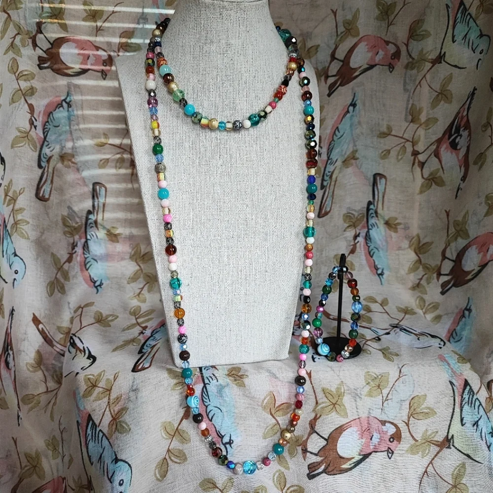 3 Pieces Set Faceted Art Glass Beads Vintage 2 Necklaces Bracelet Multi Colored
